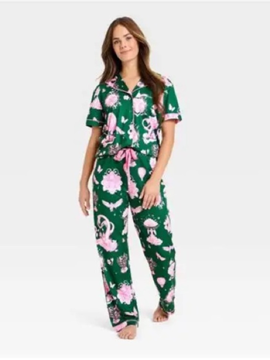 Katie Kime Other - Women's Wicked Elphaba Green & Pink Floral Button-Down Pajama Set